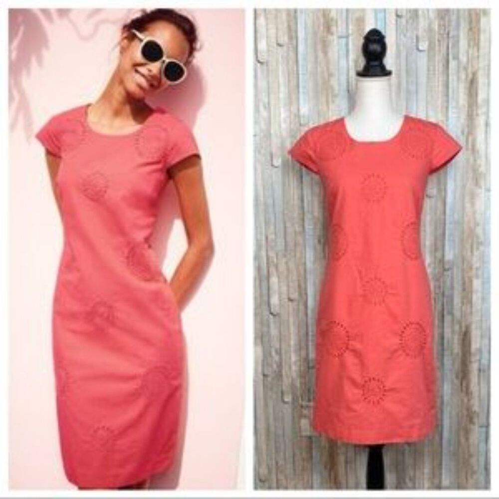Boden Embroidered Eyelet Shift Dress Sz 6R Twee Preppy Teacher Business Office